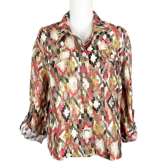 Ruby Rd Favorites Button Down Top Women 18 Multicolor Aztec Long Sleeve Blouse - Picture 1 of 13